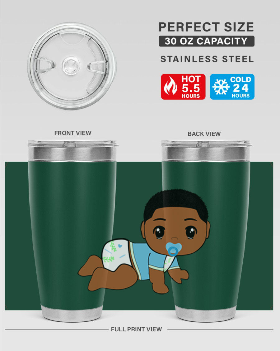 A stylish black baby boy tumbler made of stainless steel, featuring a drink-thru lid and vibrant design, perfect for hot and cold beverages.