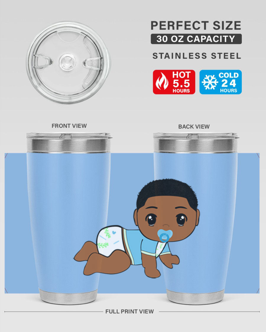 A stylish black baby boy tumbler made of stainless steel, featuring a drink-thru lid and vibrant design, perfect for hot and cold beverages.