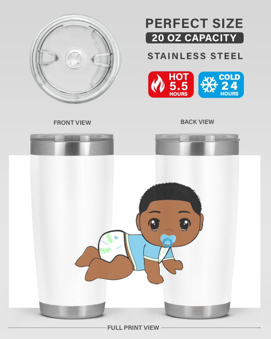 A stylish black baby boy tumbler made of stainless steel, featuring a drink-thru lid and vibrant design, perfect for hot and cold beverages.