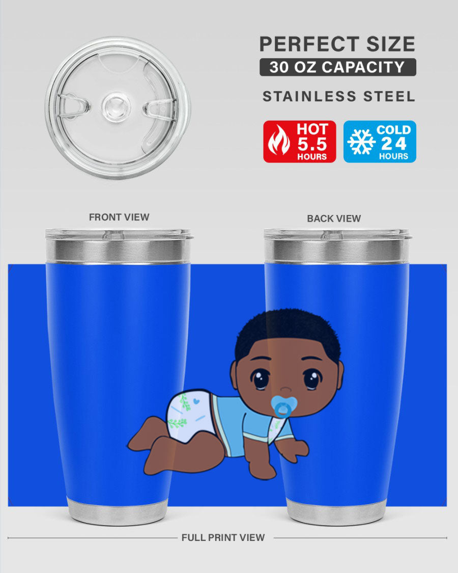 A stylish black baby boy tumbler made of stainless steel, featuring a drink-thru lid and vibrant design, perfect for hot and cold beverages.