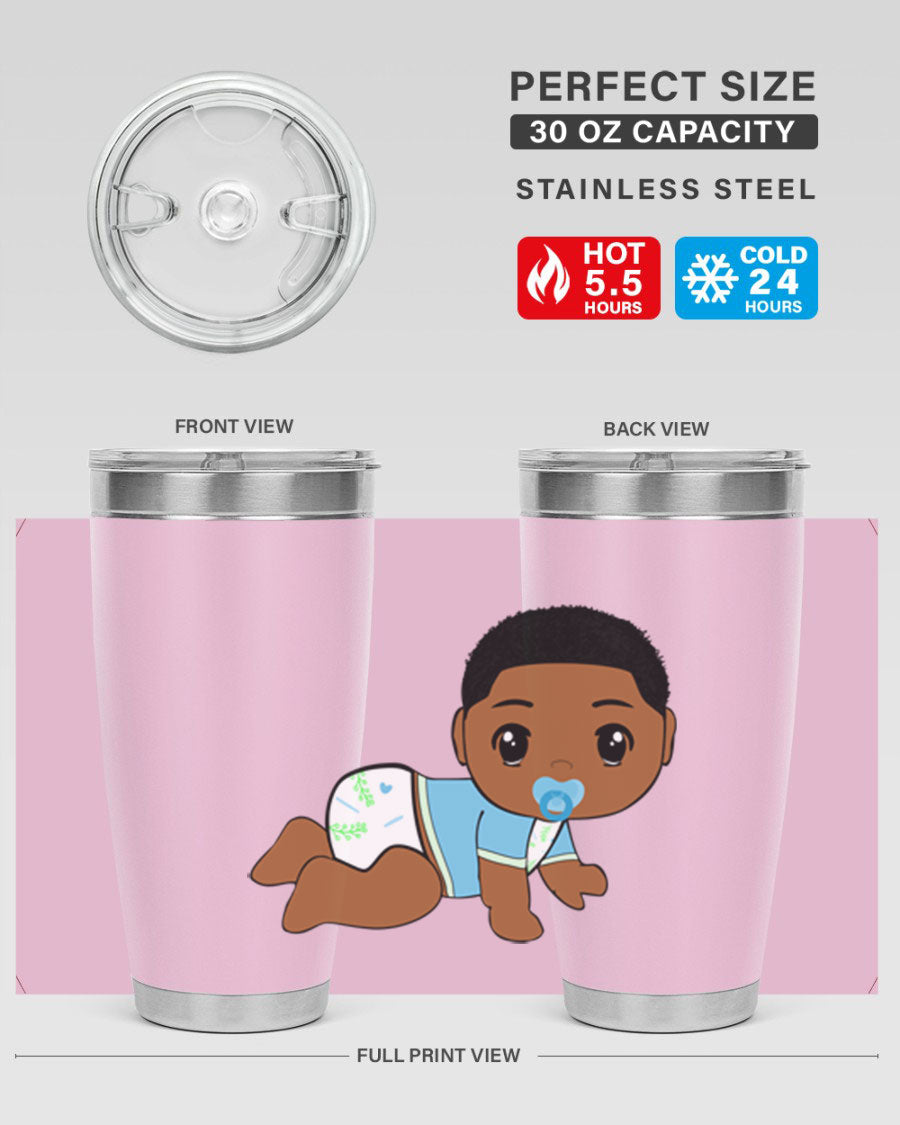 A stylish black baby boy tumbler made of stainless steel, featuring a drink-thru lid and vibrant design, perfect for hot and cold beverages.