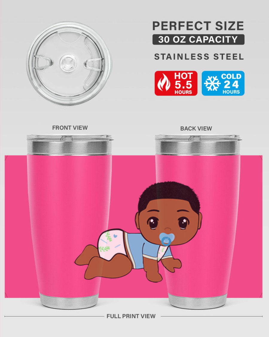 A stylish black baby boy tumbler made of stainless steel, featuring a drink-thru lid and vibrant design, perfect for hot and cold beverages.