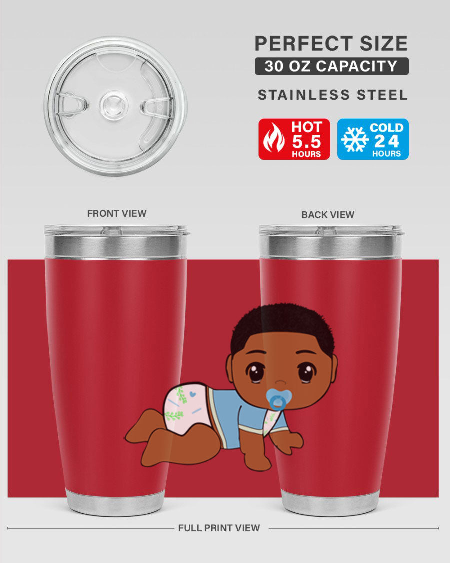 A stylish black baby boy tumbler made of stainless steel, featuring a drink-thru lid and vibrant design, perfect for hot and cold beverages.