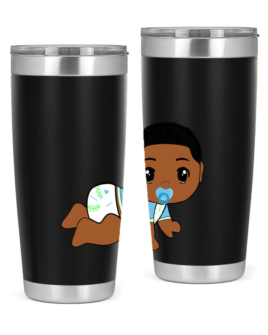 A stylish black baby boy tumbler made of stainless steel, featuring a drink-thru lid and vibrant design, perfect for hot and cold beverages.