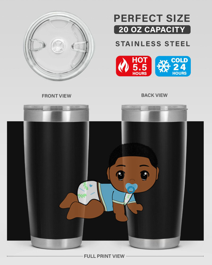 A stylish black baby boy tumbler made of stainless steel, featuring a drink-thru lid and vibrant design, perfect for hot and cold beverages.