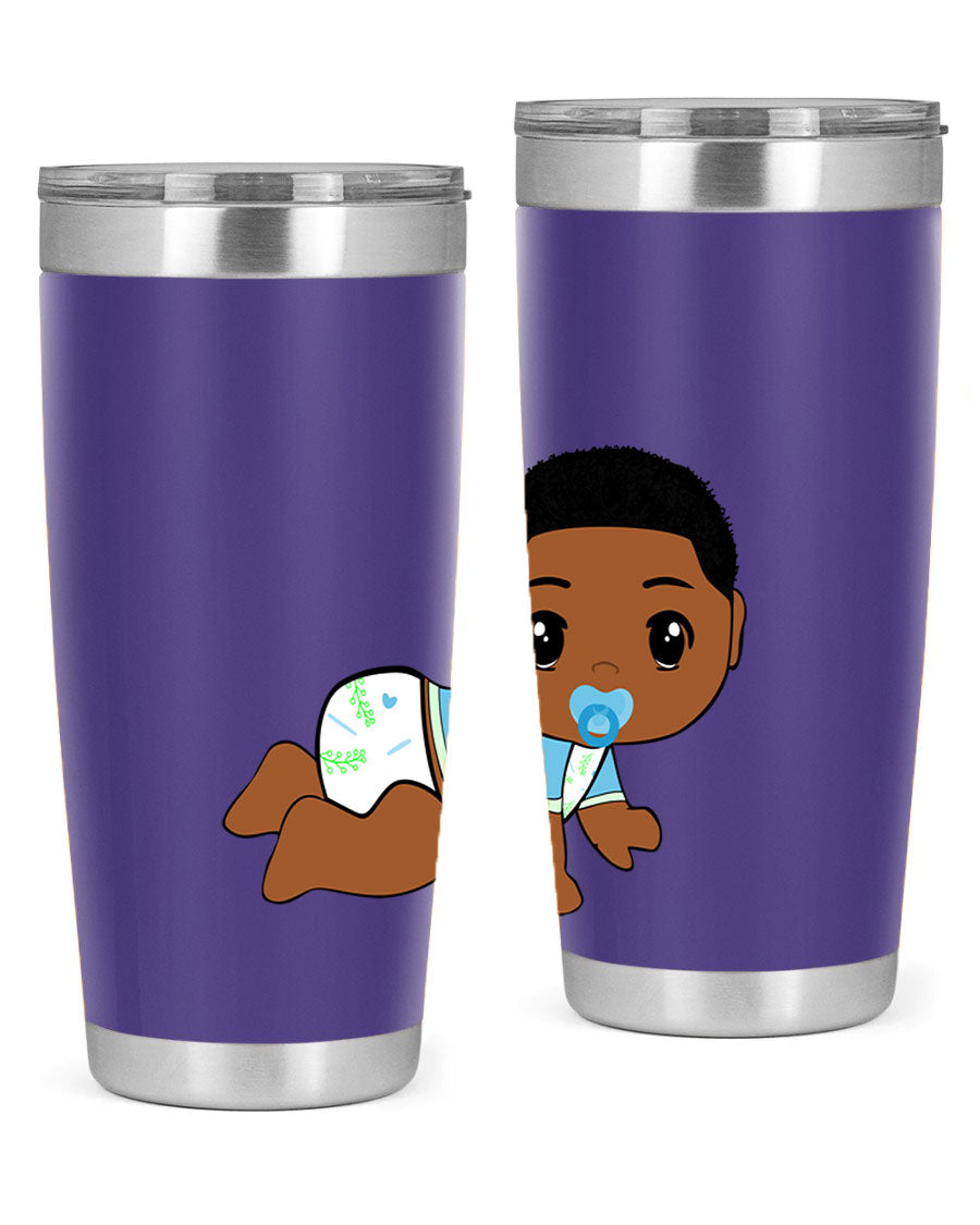 A stylish black baby boy tumbler made of stainless steel, featuring a drink-thru lid and vibrant design, perfect for hot and cold beverages.