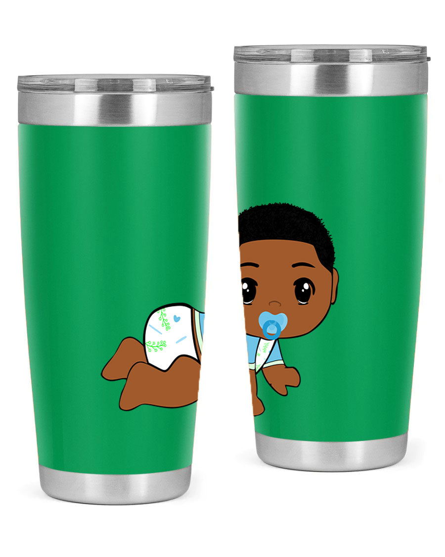 A stylish black baby boy tumbler made of stainless steel, featuring a drink-thru lid and vibrant design, perfect for hot and cold beverages.