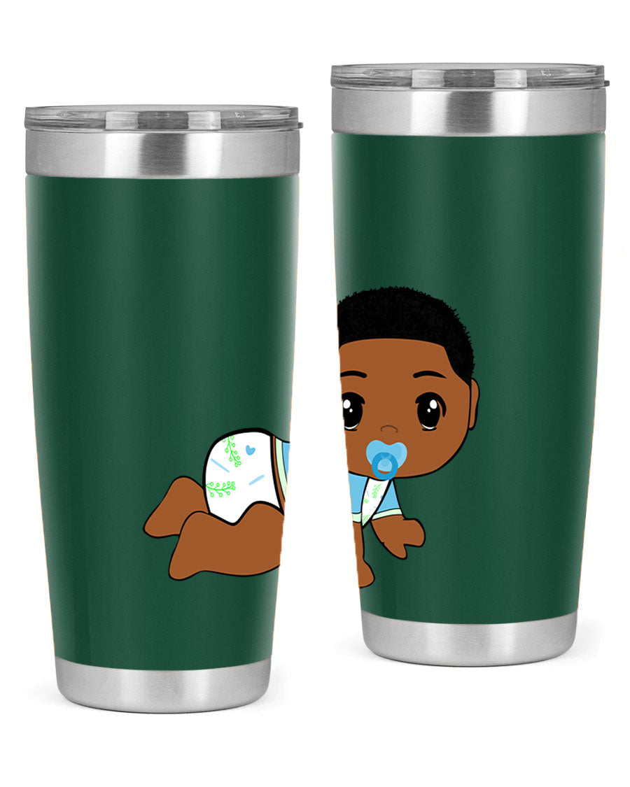 A stylish black baby boy tumbler made of stainless steel, featuring a drink-thru lid and vibrant design, perfect for hot and cold beverages.