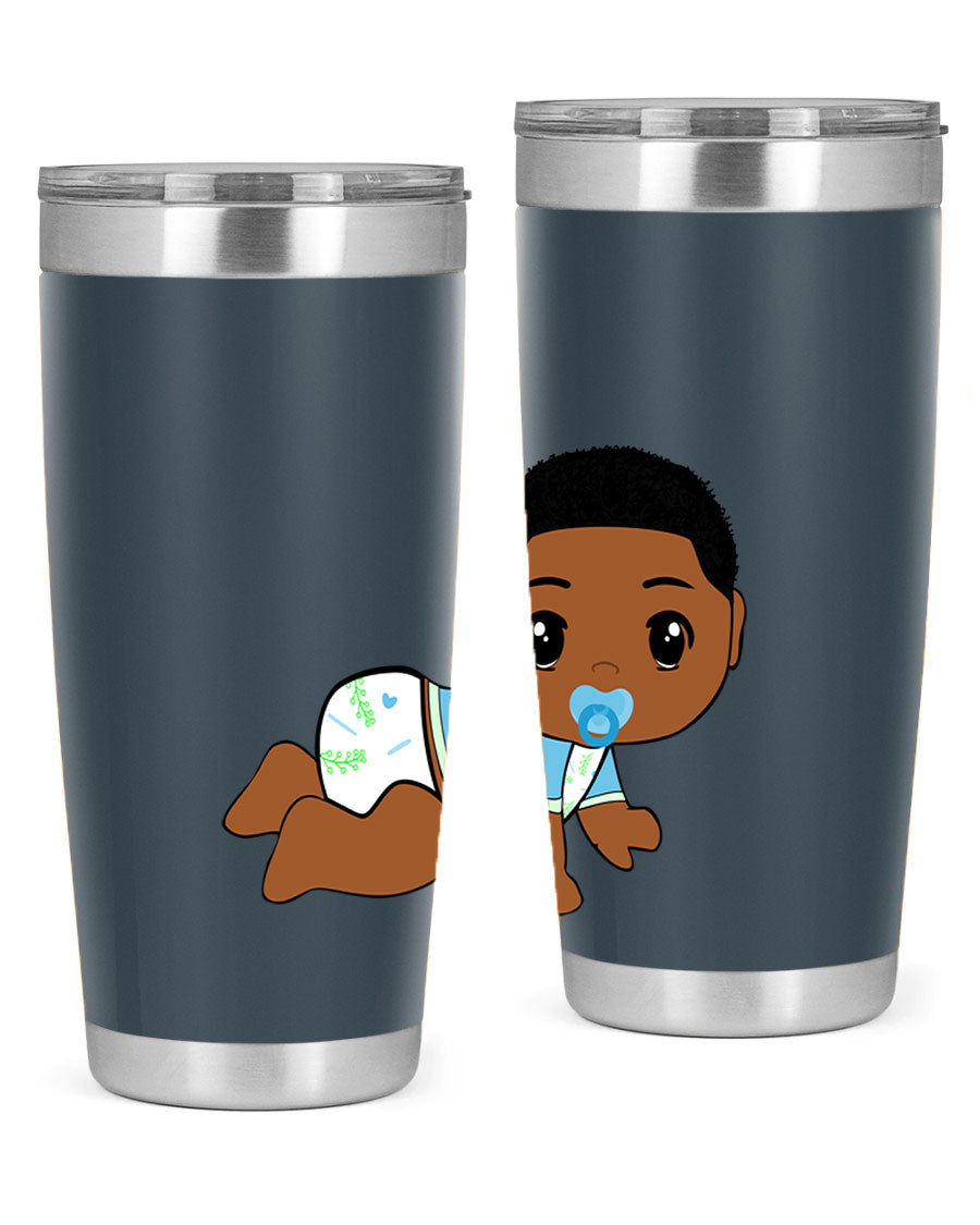 A stylish black baby boy tumbler made of stainless steel, featuring a drink-thru lid and vibrant design, perfect for hot and cold beverages.