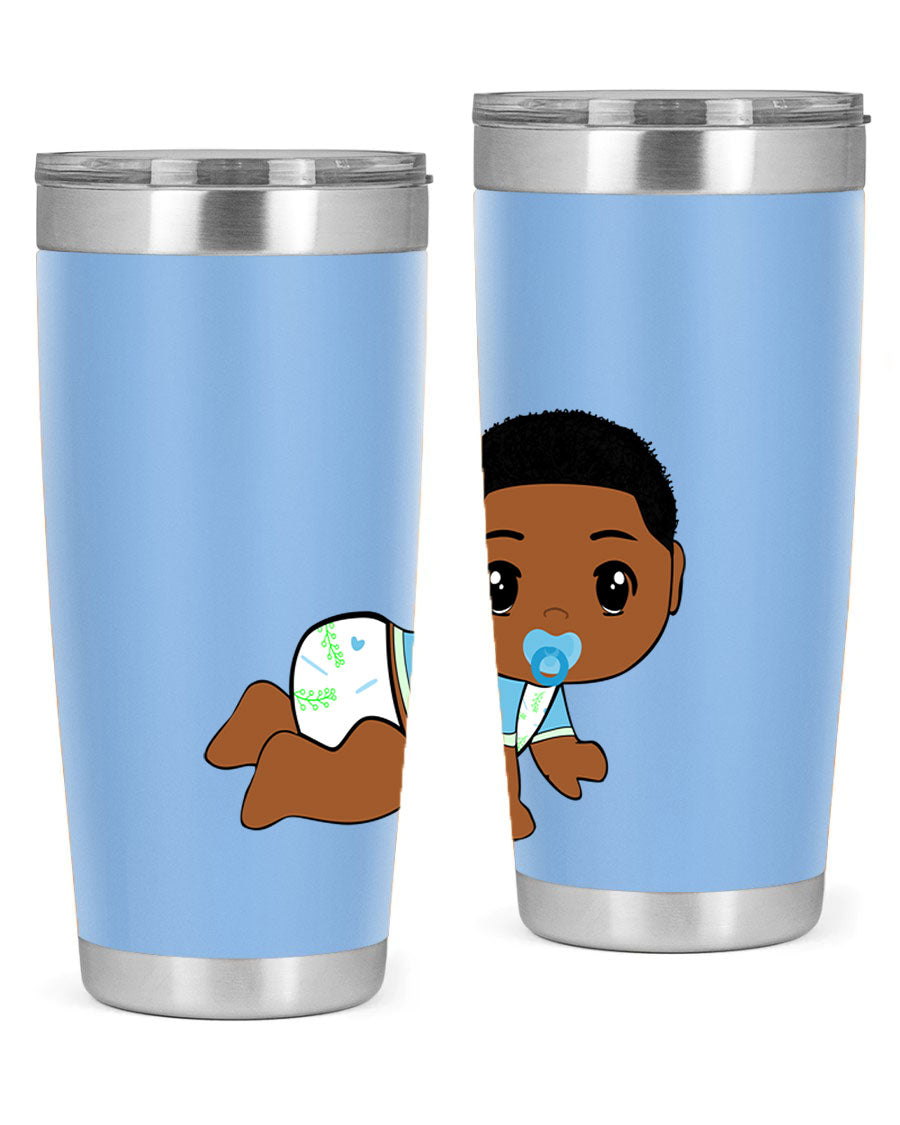 A stylish black baby boy tumbler made of stainless steel, featuring a drink-thru lid and vibrant design, perfect for hot and cold beverages.