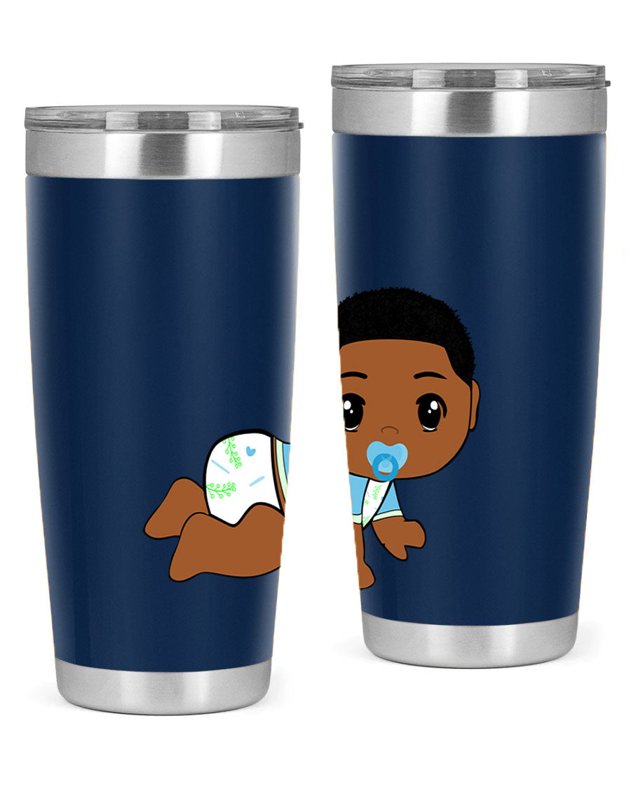 A stylish black baby boy tumbler made of stainless steel, featuring a drink-thru lid and vibrant design, perfect for hot and cold beverages.