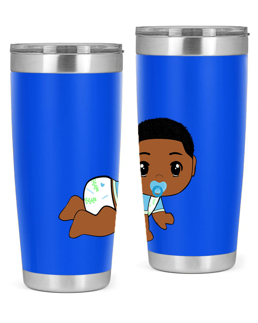 A stylish black baby boy tumbler made of stainless steel, featuring a drink-thru lid and vibrant design, perfect for hot and cold beverages.