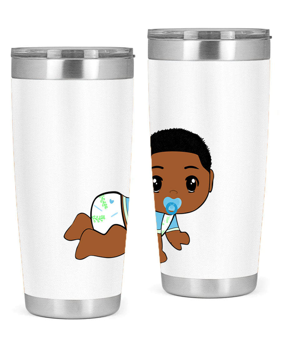 A stylish black baby boy tumbler made of stainless steel, featuring a drink-thru lid and vibrant design, perfect for hot and cold beverages.