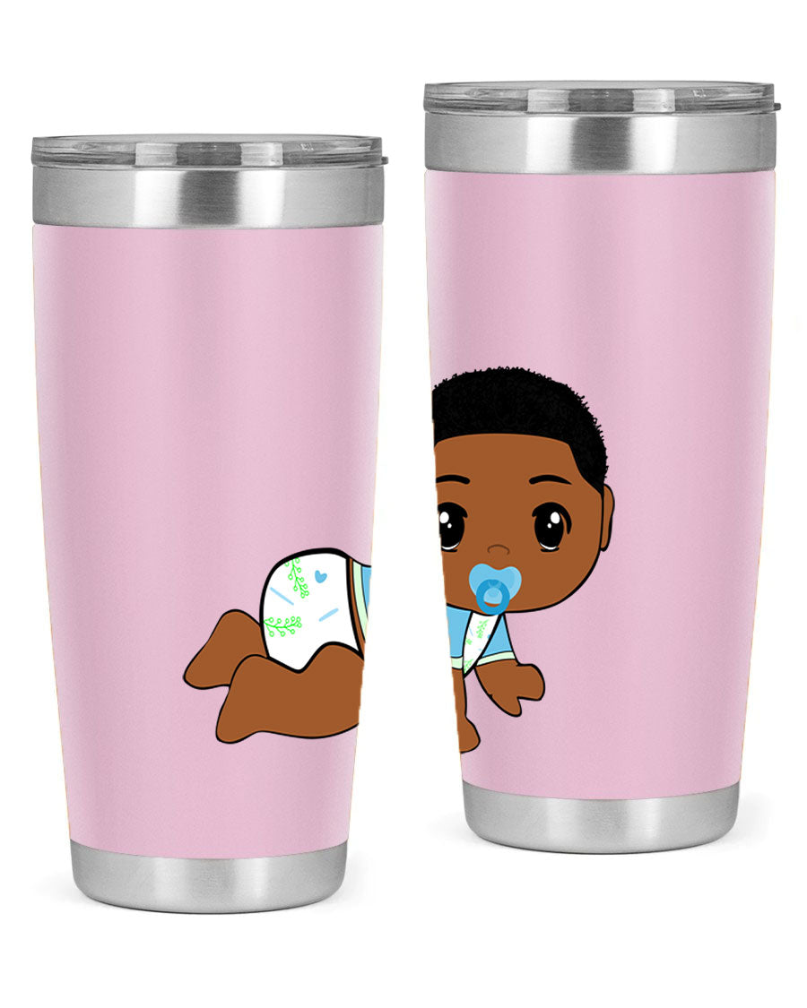 A stylish black baby boy tumbler made of stainless steel, featuring a drink-thru lid and vibrant design, perfect for hot and cold beverages.