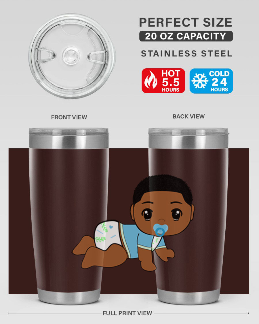 A stylish black baby boy tumbler made of stainless steel, featuring a drink-thru lid and vibrant design, perfect for hot and cold beverages.