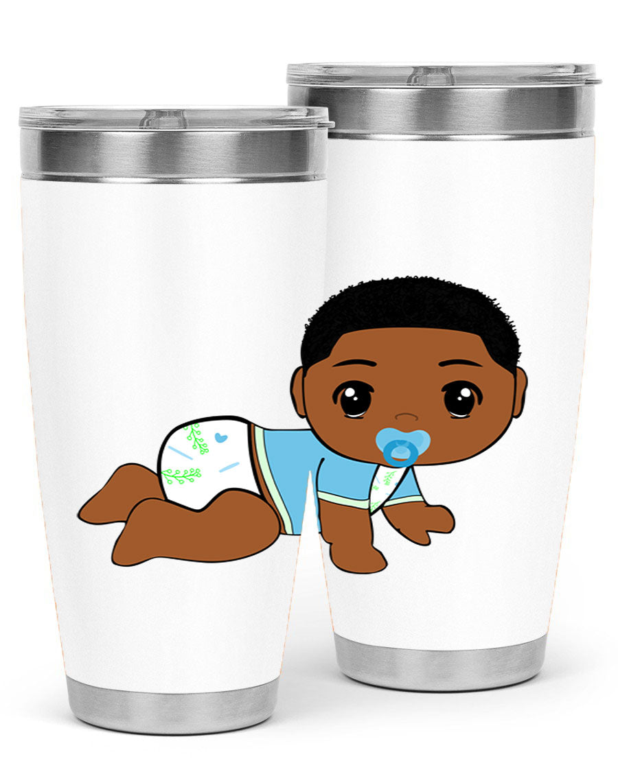 A stylish black baby boy tumbler made of stainless steel, featuring a drink-thru lid and vibrant design, perfect for hot and cold beverages.