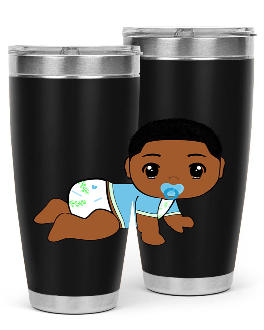 A stylish black baby boy tumbler made of stainless steel, featuring a drink-thru lid and vibrant design, perfect for hot and cold beverages.