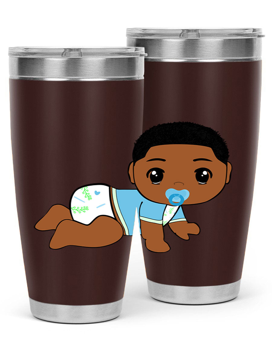 A stylish black baby boy tumbler made of stainless steel, featuring a drink-thru lid and vibrant design, perfect for hot and cold beverages.