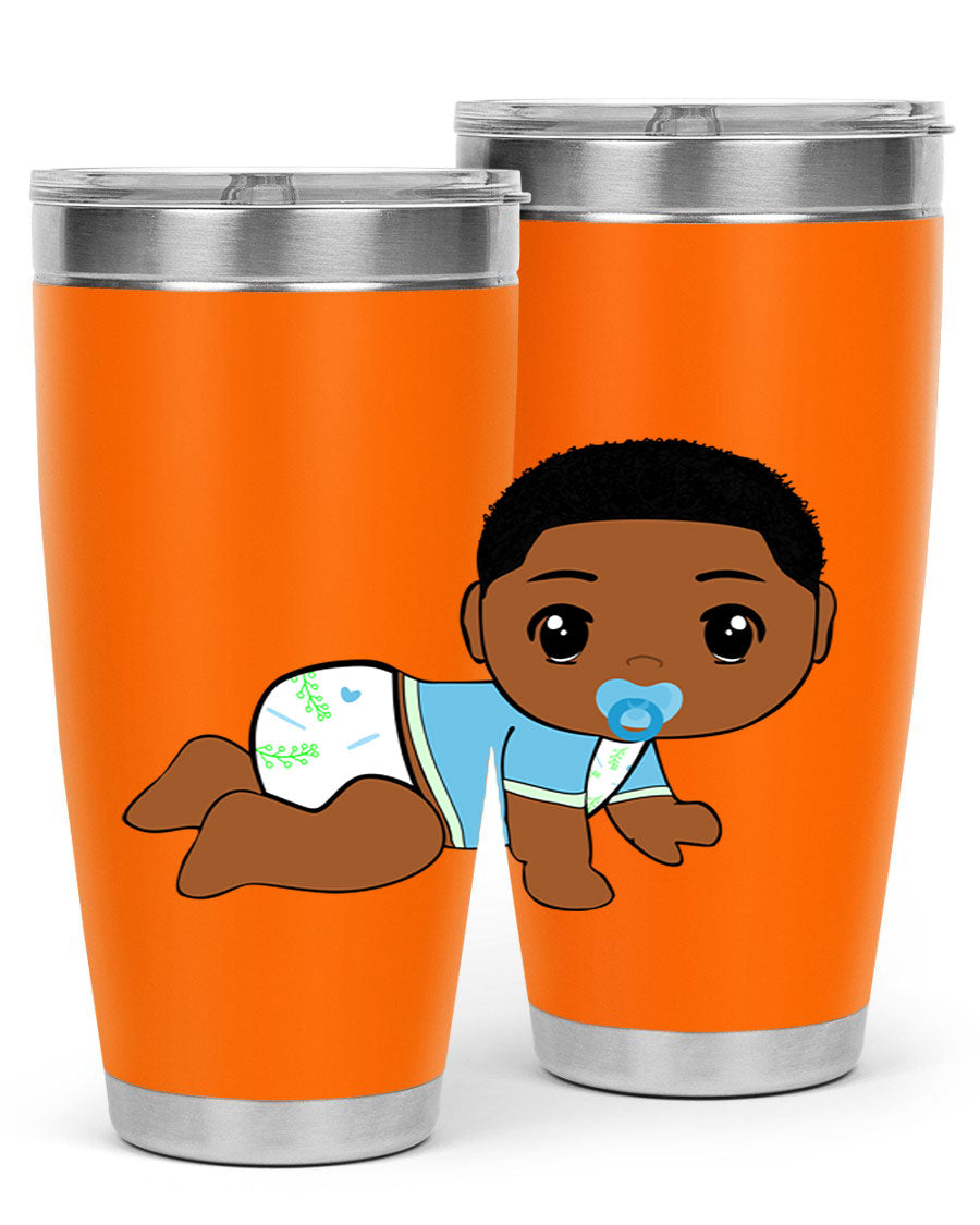 A stylish black baby boy tumbler made of stainless steel, featuring a drink-thru lid and vibrant design, perfect for hot and cold beverages.