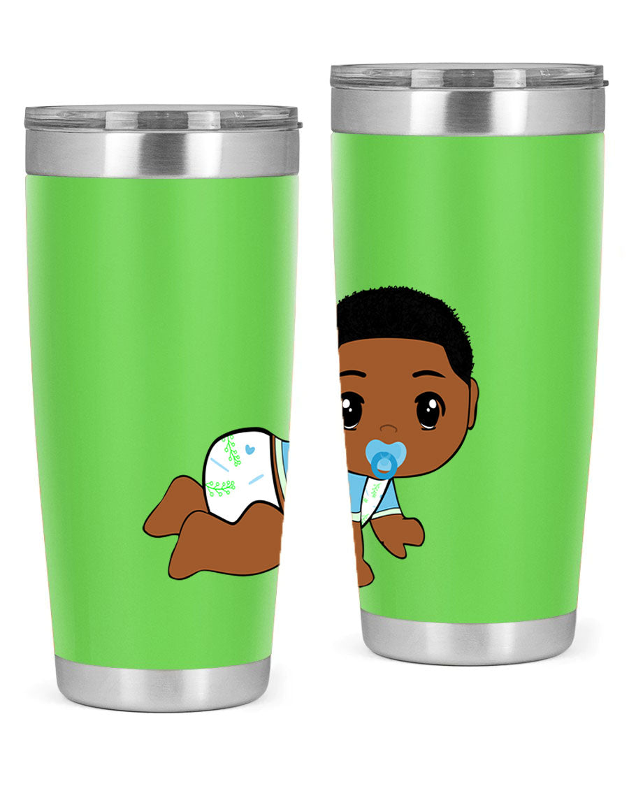 A stylish black baby boy tumbler made of stainless steel, featuring a drink-thru lid and vibrant design, perfect for hot and cold beverages.