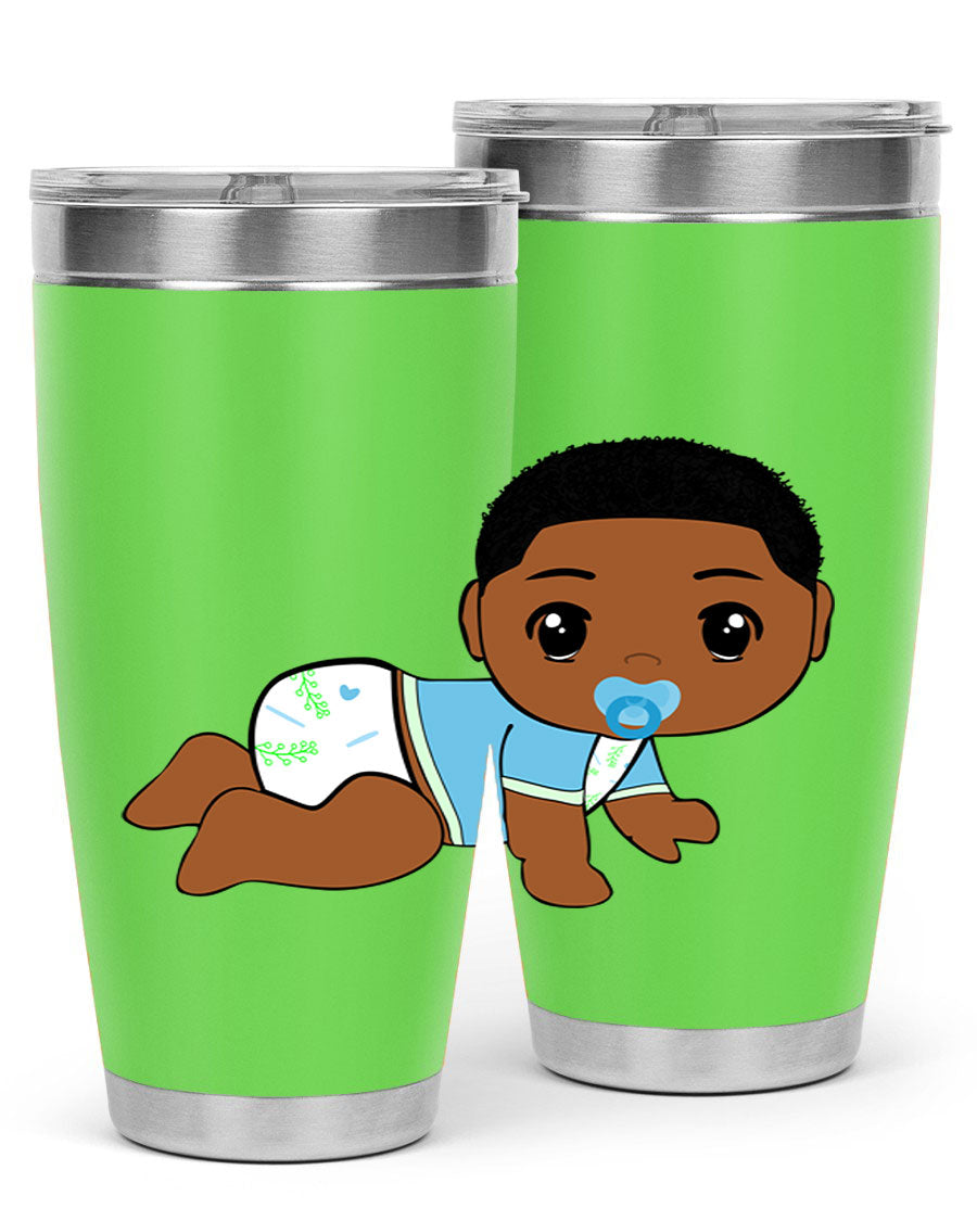 A stylish black baby boy tumbler made of stainless steel, featuring a drink-thru lid and vibrant design, perfect for hot and cold beverages.