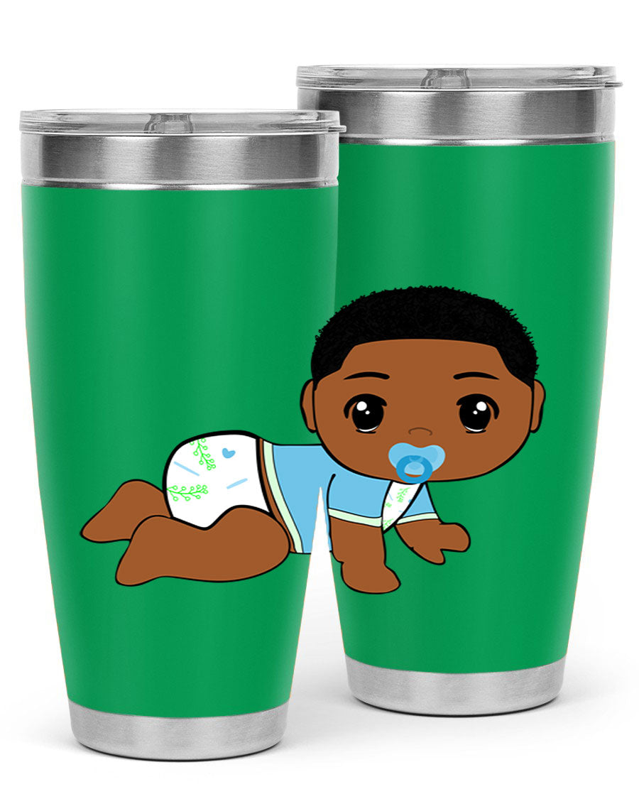 A stylish black baby boy tumbler made of stainless steel, featuring a drink-thru lid and vibrant design, perfect for hot and cold beverages.