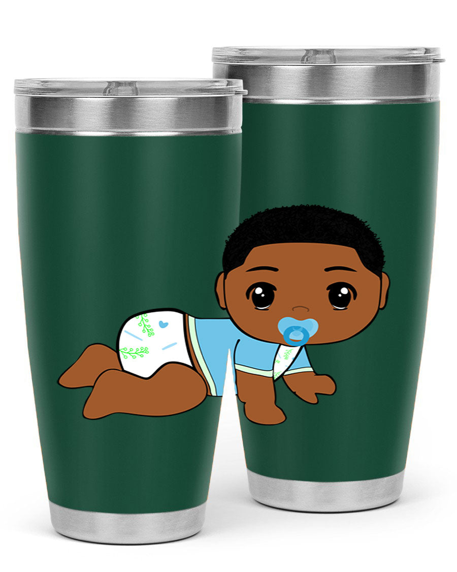 A stylish black baby boy tumbler made of stainless steel, featuring a drink-thru lid and vibrant design, perfect for hot and cold beverages.