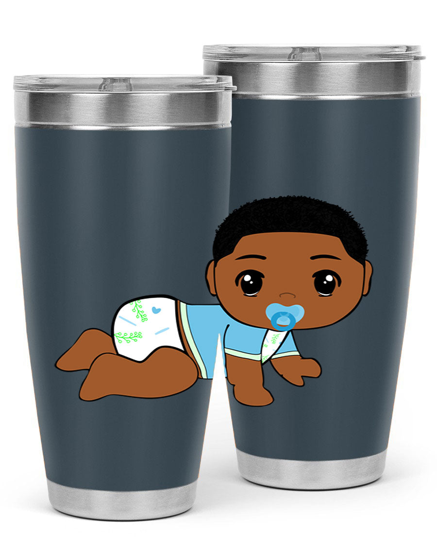 A stylish black baby boy tumbler made of stainless steel, featuring a drink-thru lid and vibrant design, perfect for hot and cold beverages.