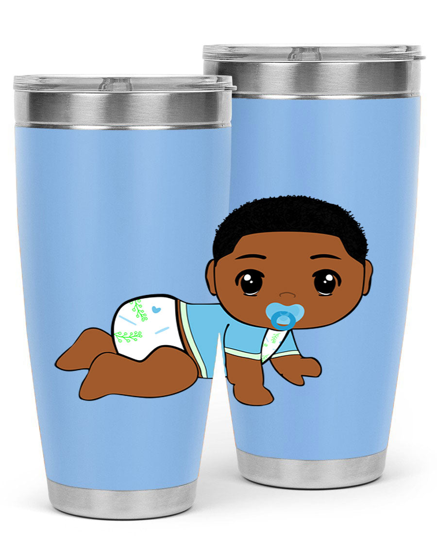 A stylish black baby boy tumbler made of stainless steel, featuring a drink-thru lid and vibrant design, perfect for hot and cold beverages.