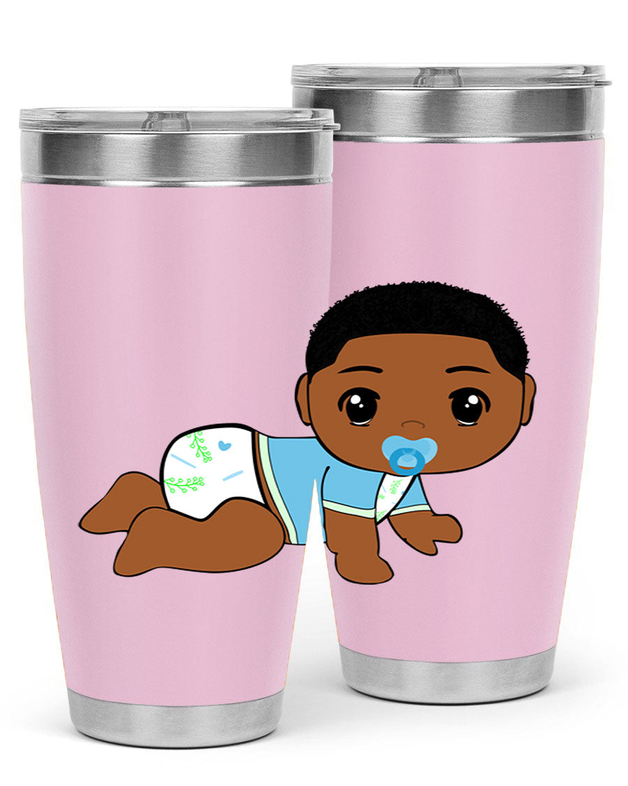 A stylish black baby boy tumbler made of stainless steel, featuring a drink-thru lid and vibrant design, perfect for hot and cold beverages.