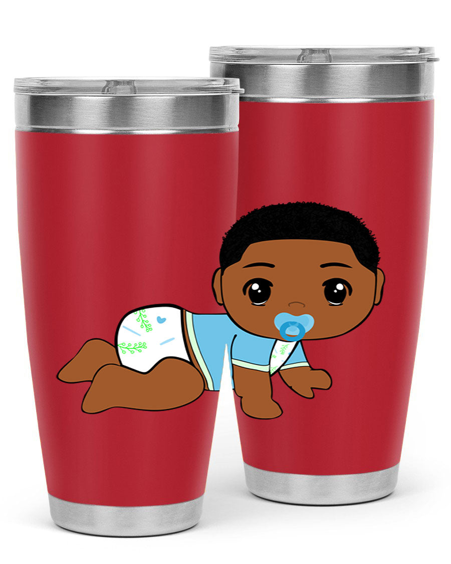 A stylish black baby boy tumbler made of stainless steel, featuring a drink-thru lid and vibrant design, perfect for hot and cold beverages.