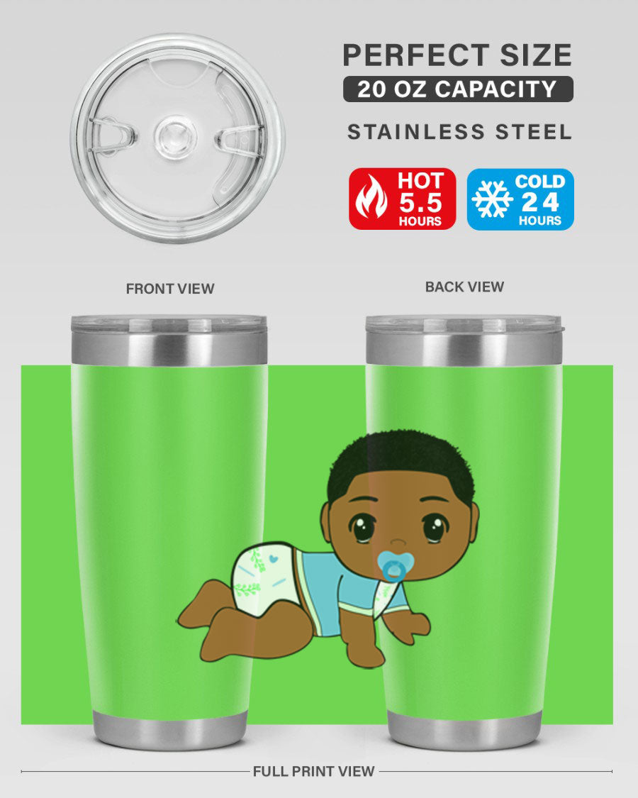 A stylish black baby boy tumbler made of stainless steel, featuring a drink-thru lid and vibrant design, perfect for hot and cold beverages.