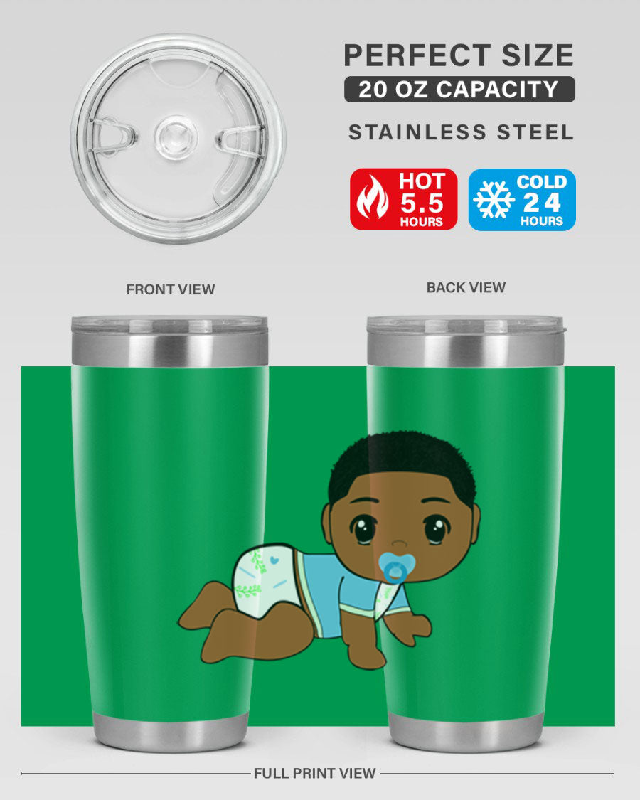 A stylish black baby boy tumbler made of stainless steel, featuring a drink-thru lid and vibrant design, perfect for hot and cold beverages.