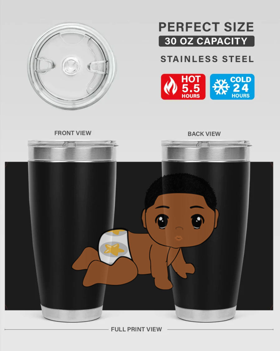 Black baby boy 3# tumbler made of stainless steel with a sleek design, featuring a drink-thru lid and copper lining.