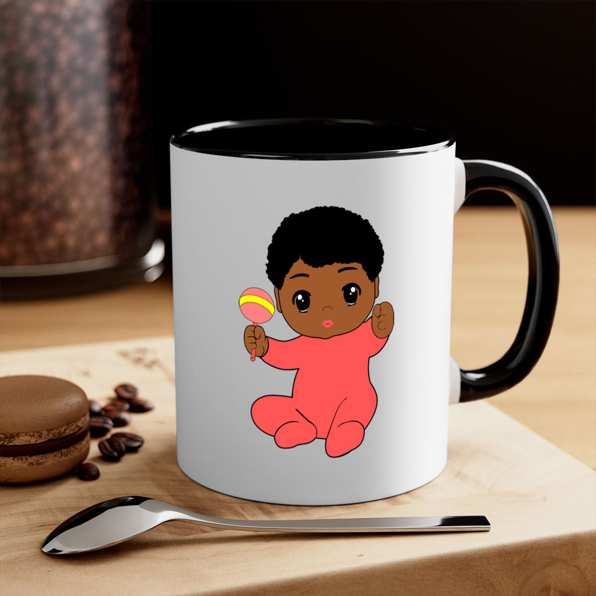 Black baby boy 4# Mug with colorful handle and glossy finish, available in multiple colors and sizes.