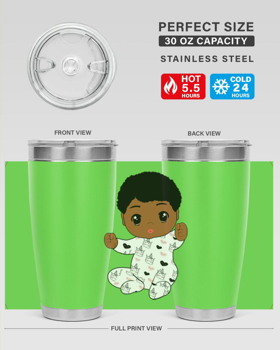 Black baby boy tumbler made of stainless steel with a sleek design, perfect for hot and cold beverages.