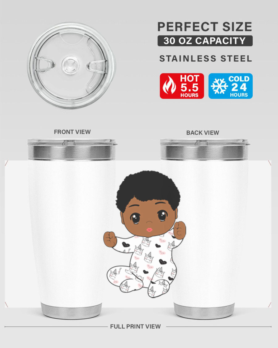 Black baby boy tumbler made of stainless steel with a sleek design, perfect for hot and cold beverages.