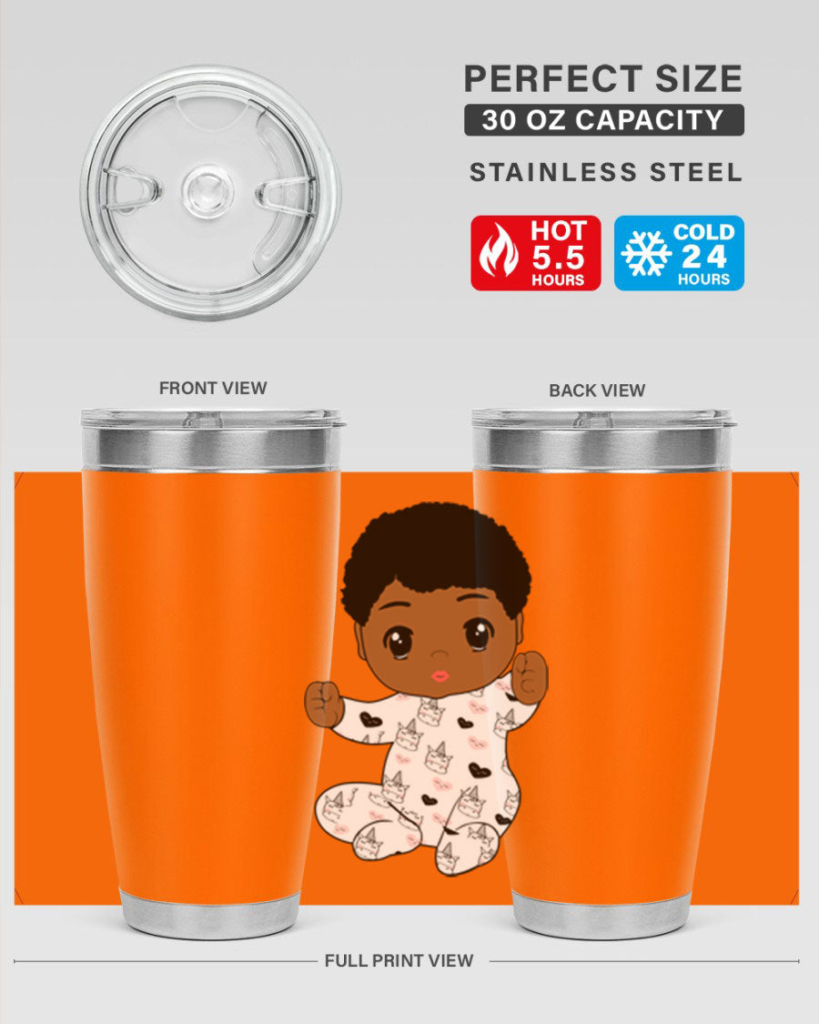 Black baby boy tumbler made of stainless steel with a sleek design, perfect for hot and cold beverages.