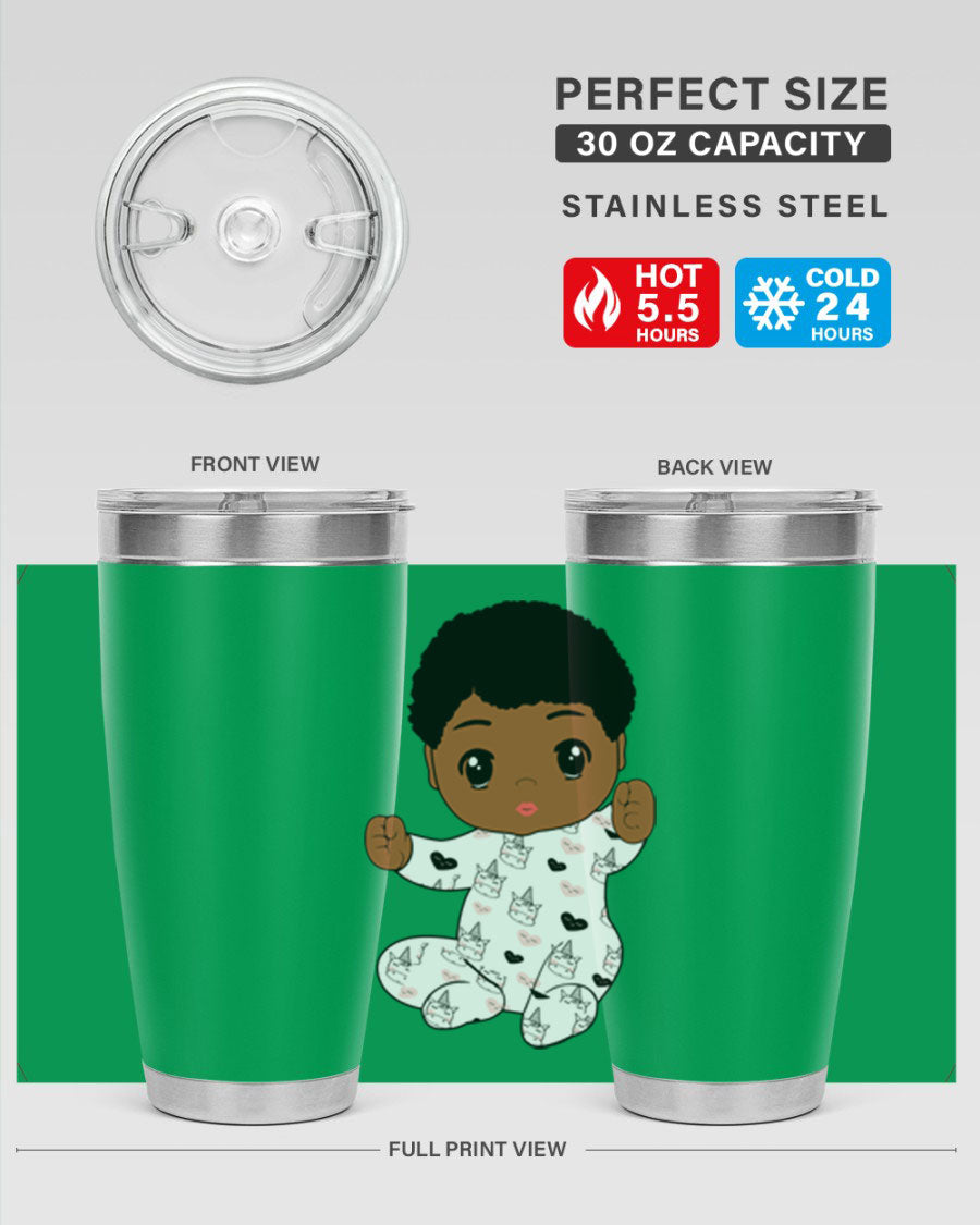 Black baby boy tumbler made of stainless steel with a sleek design, perfect for hot and cold beverages.