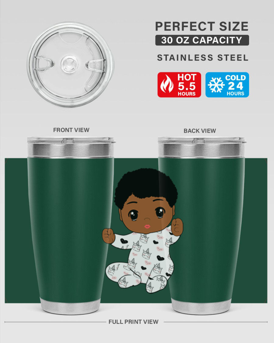 Black baby boy tumbler made of stainless steel with a sleek design, perfect for hot and cold beverages.