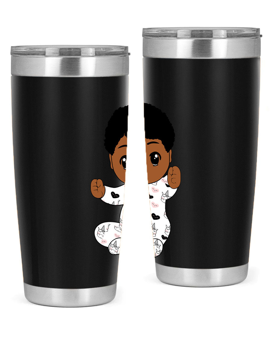 Black baby boy tumbler made of stainless steel with a sleek design, perfect for hot and cold beverages.