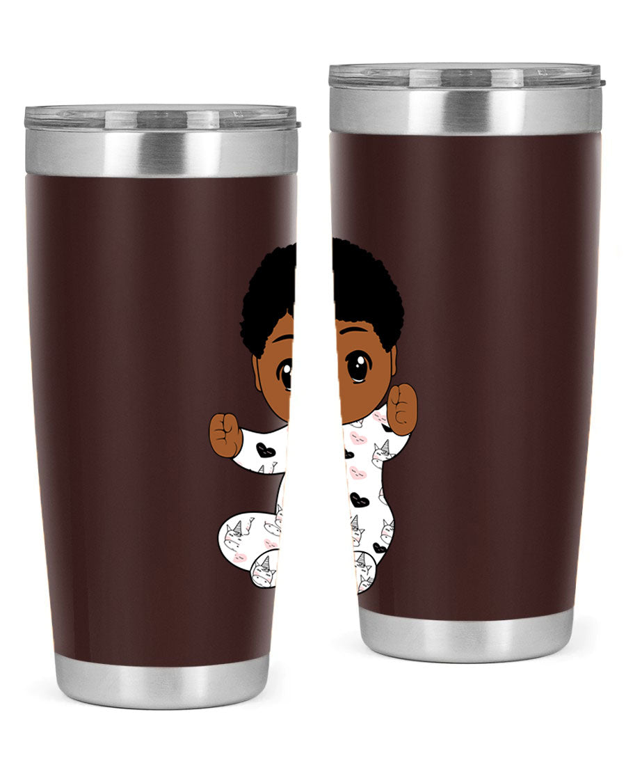 Black baby boy tumbler made of stainless steel with a sleek design, perfect for hot and cold beverages.