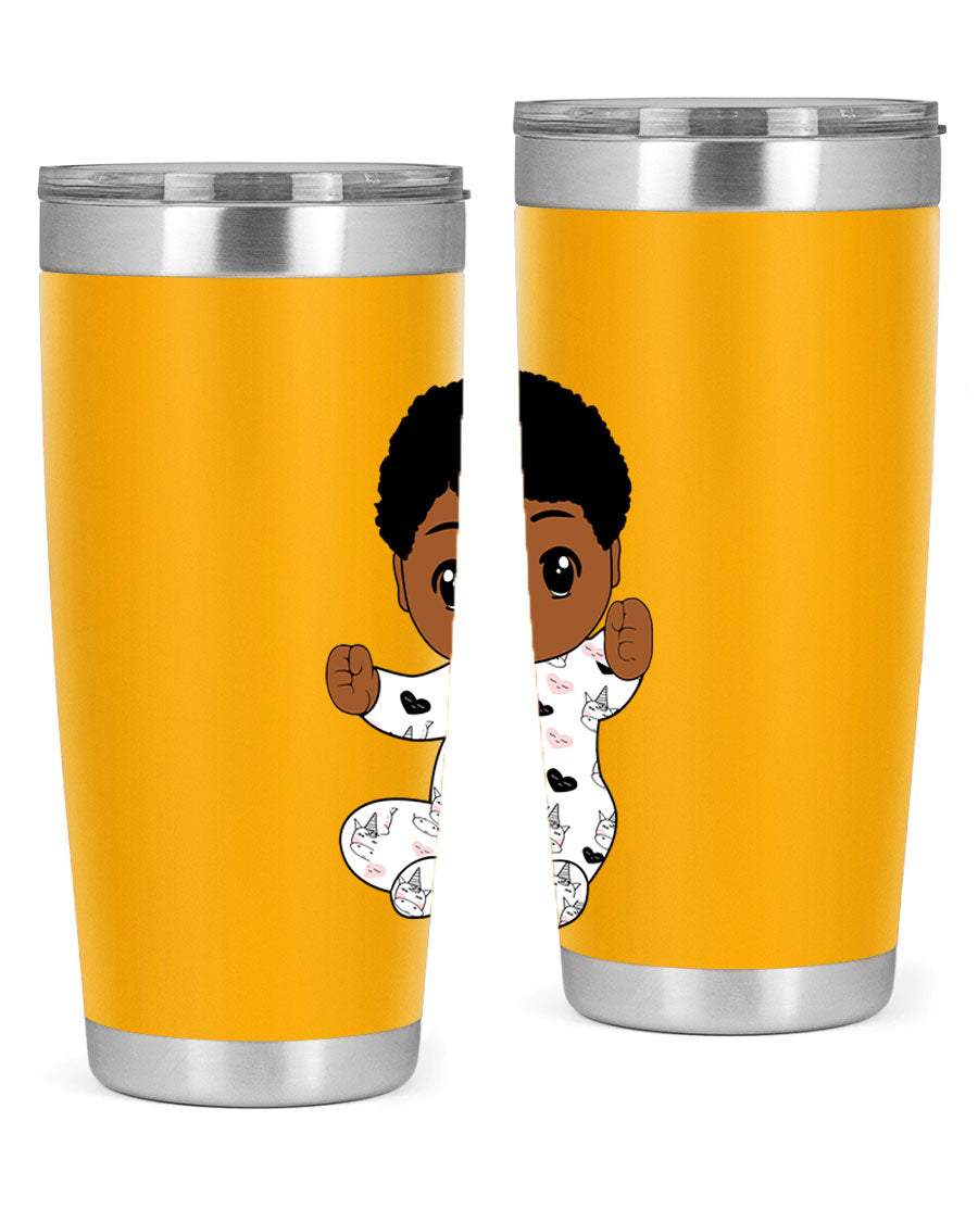 Black baby boy tumbler made of stainless steel with a sleek design, perfect for hot and cold beverages.