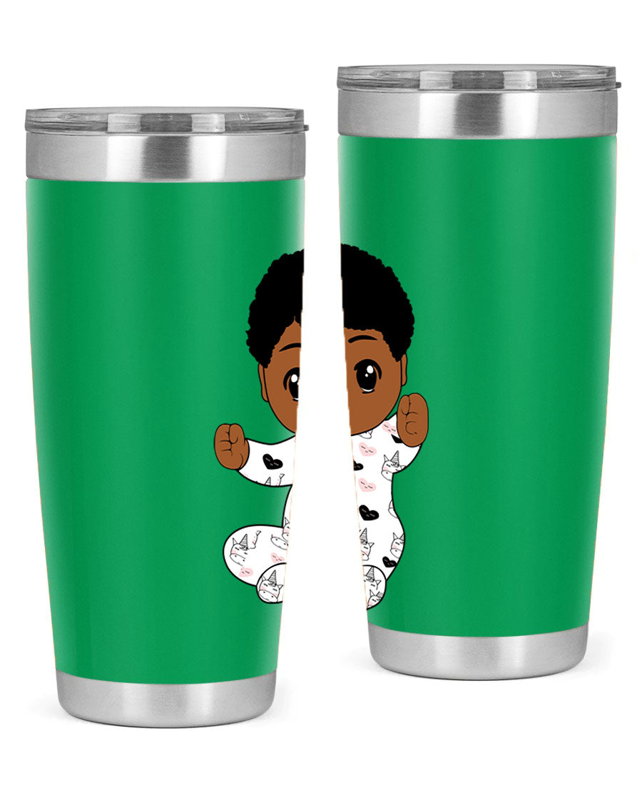 Black baby boy tumbler made of stainless steel with a sleek design, perfect for hot and cold beverages.