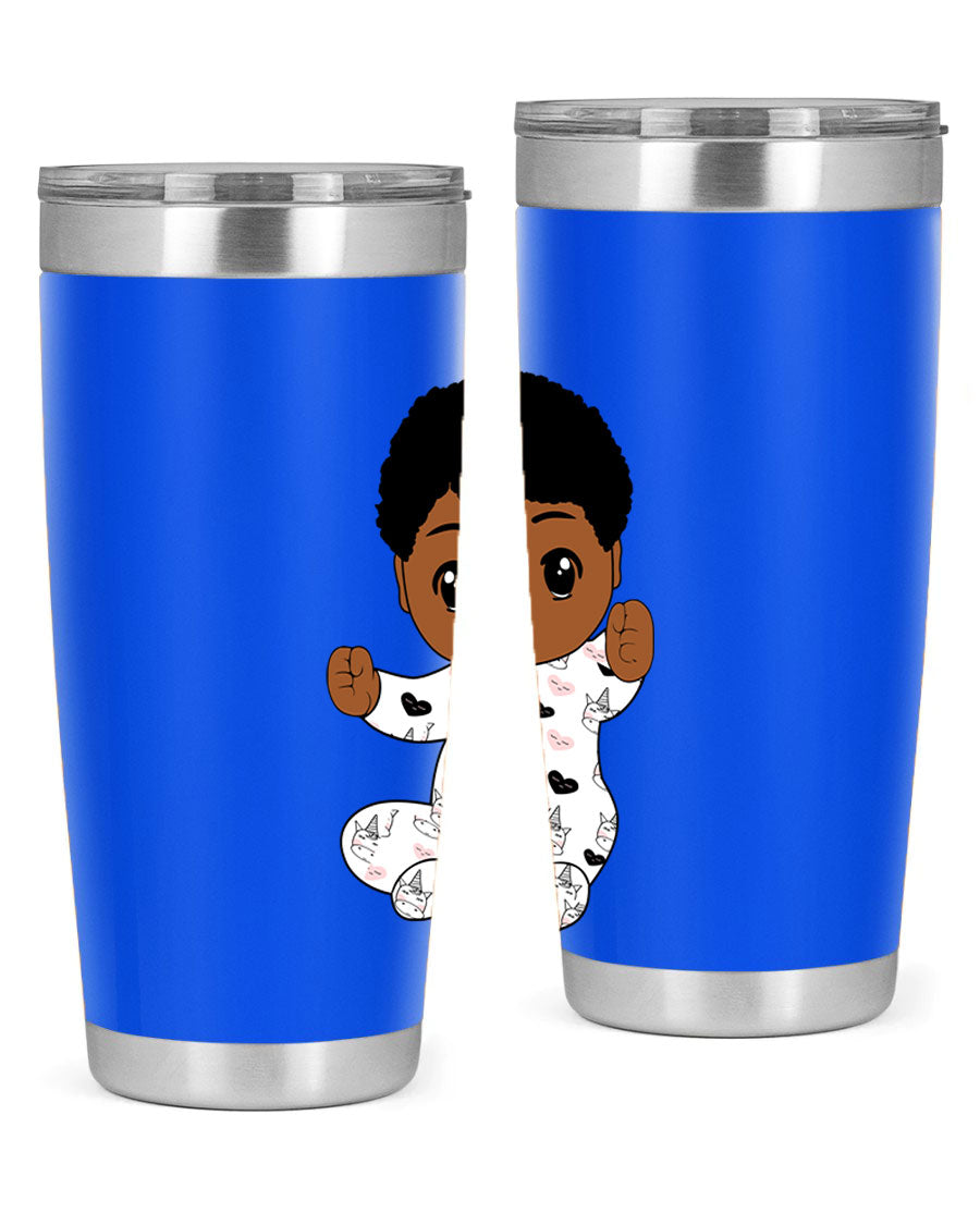 Black baby boy tumbler made of stainless steel with a sleek design, perfect for hot and cold beverages.