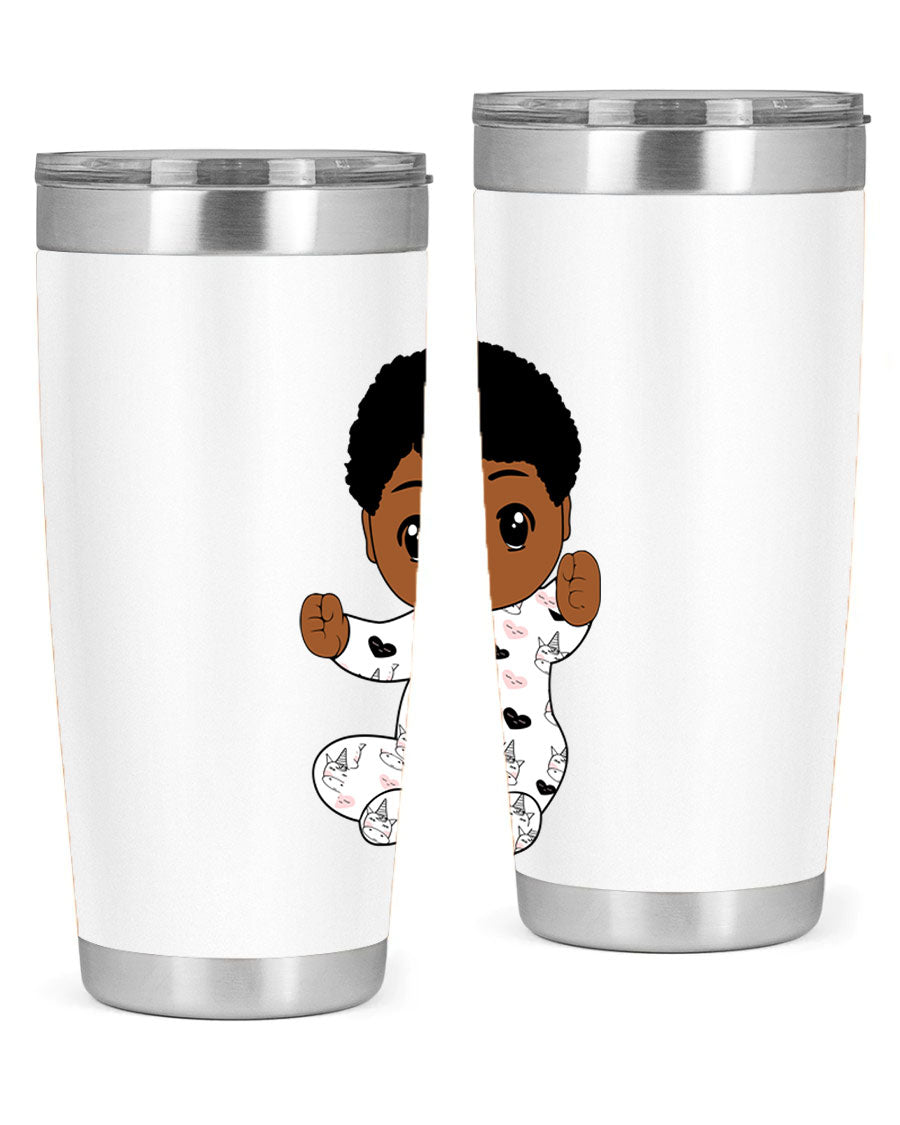 Black baby boy tumbler made of stainless steel with a sleek design, perfect for hot and cold beverages.