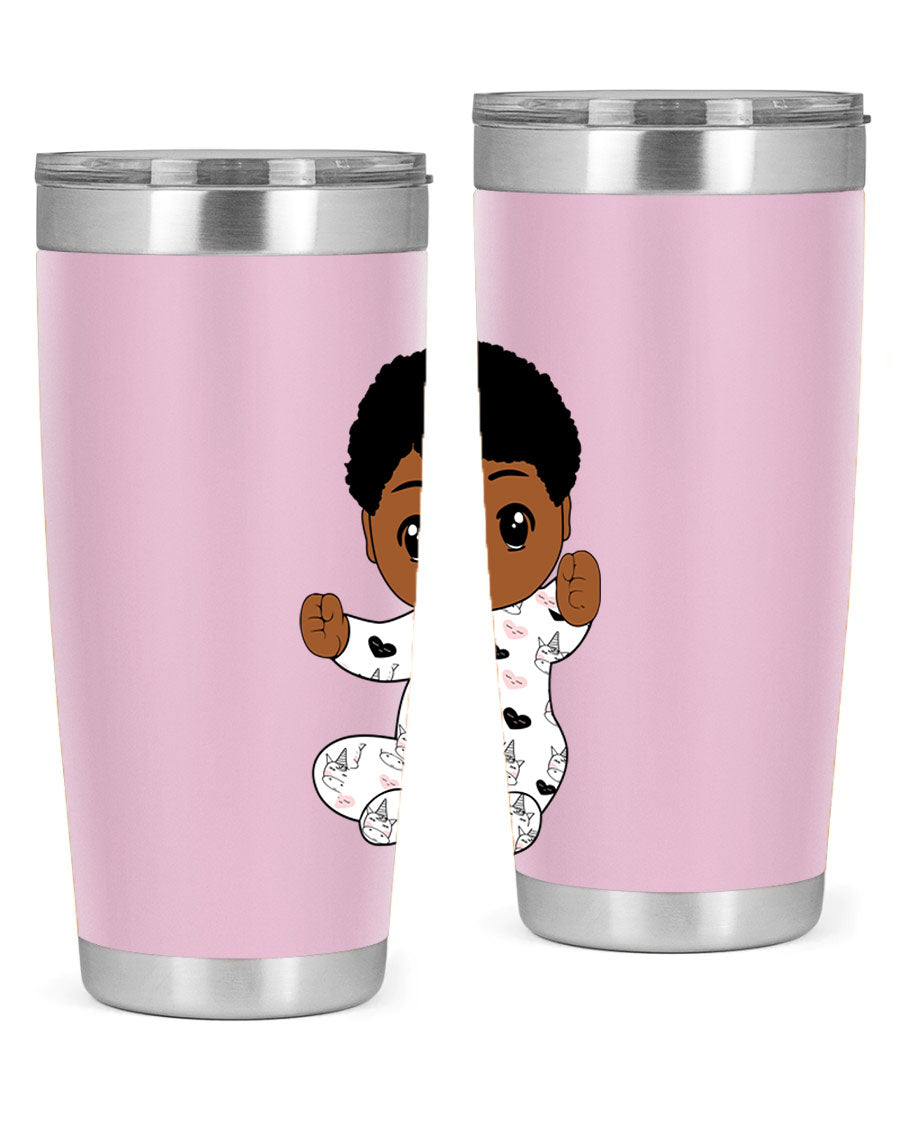 Black baby boy tumbler made of stainless steel with a sleek design, perfect for hot and cold beverages.