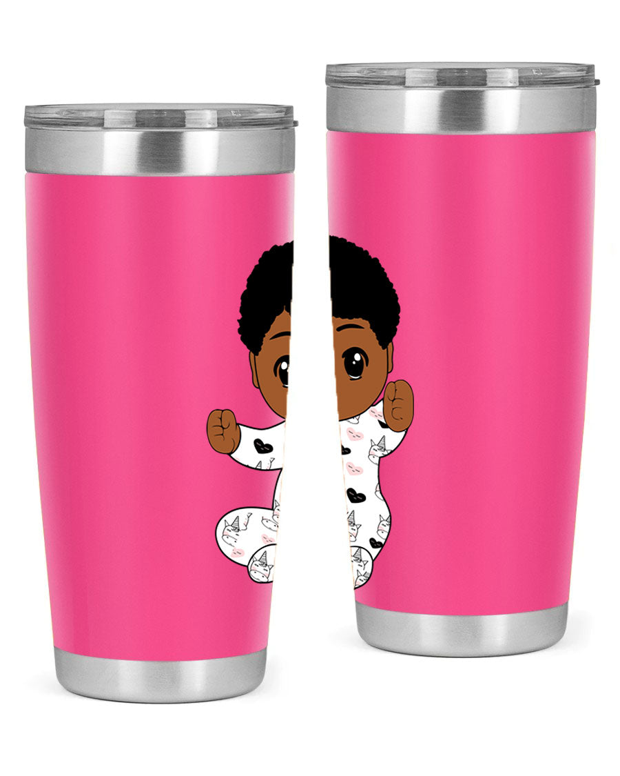 Black baby boy tumbler made of stainless steel with a sleek design, perfect for hot and cold beverages.