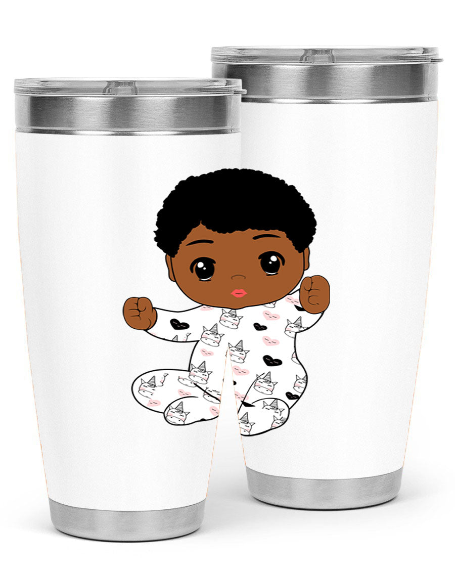 Black baby boy tumbler made of stainless steel with a sleek design, perfect for hot and cold beverages.