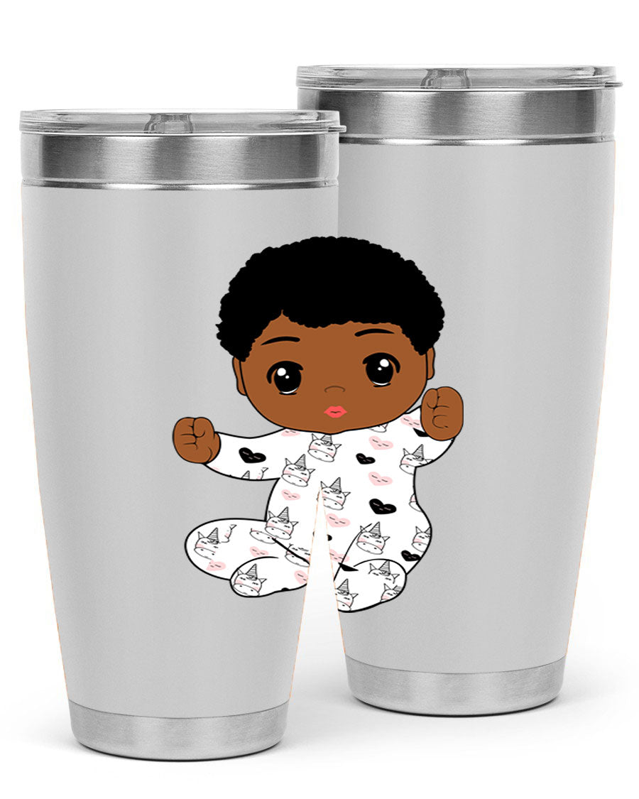 Black baby boy tumbler made of stainless steel with a sleek design, perfect for hot and cold beverages.